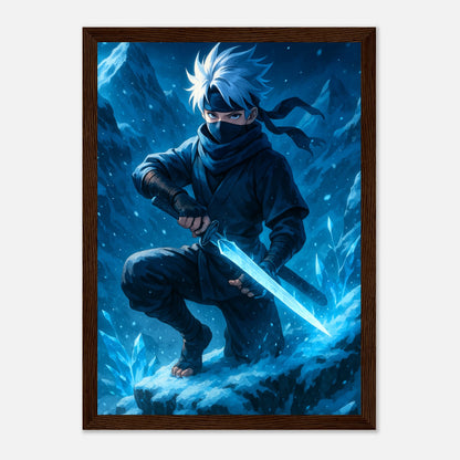 YUKITO Poster im dunkelbraunen Rahmen – kraftvolle Samurai-Anime-Kunst mit blauen Eis- und Sturm-Effekten. Mystische japanische Wanddekoration in Premiumqualität.