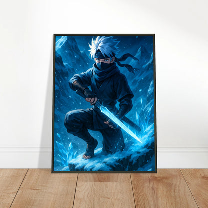 YUKITO Poster an die Wand gelehnt – eisiges Ninja Motiv als stilvolle Raumdekoration.