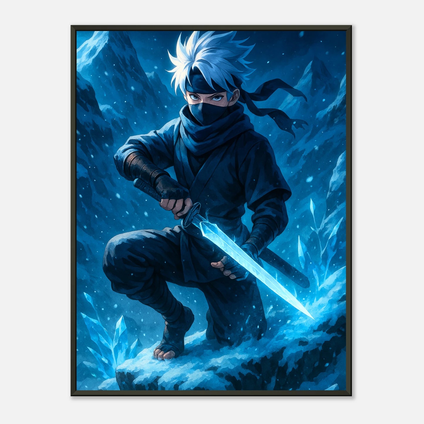 YUKITO Poster – Eis Ninja mit Schwert und frostiger Energie im Anime-Stil, japanische Kunst von Defa Designs.