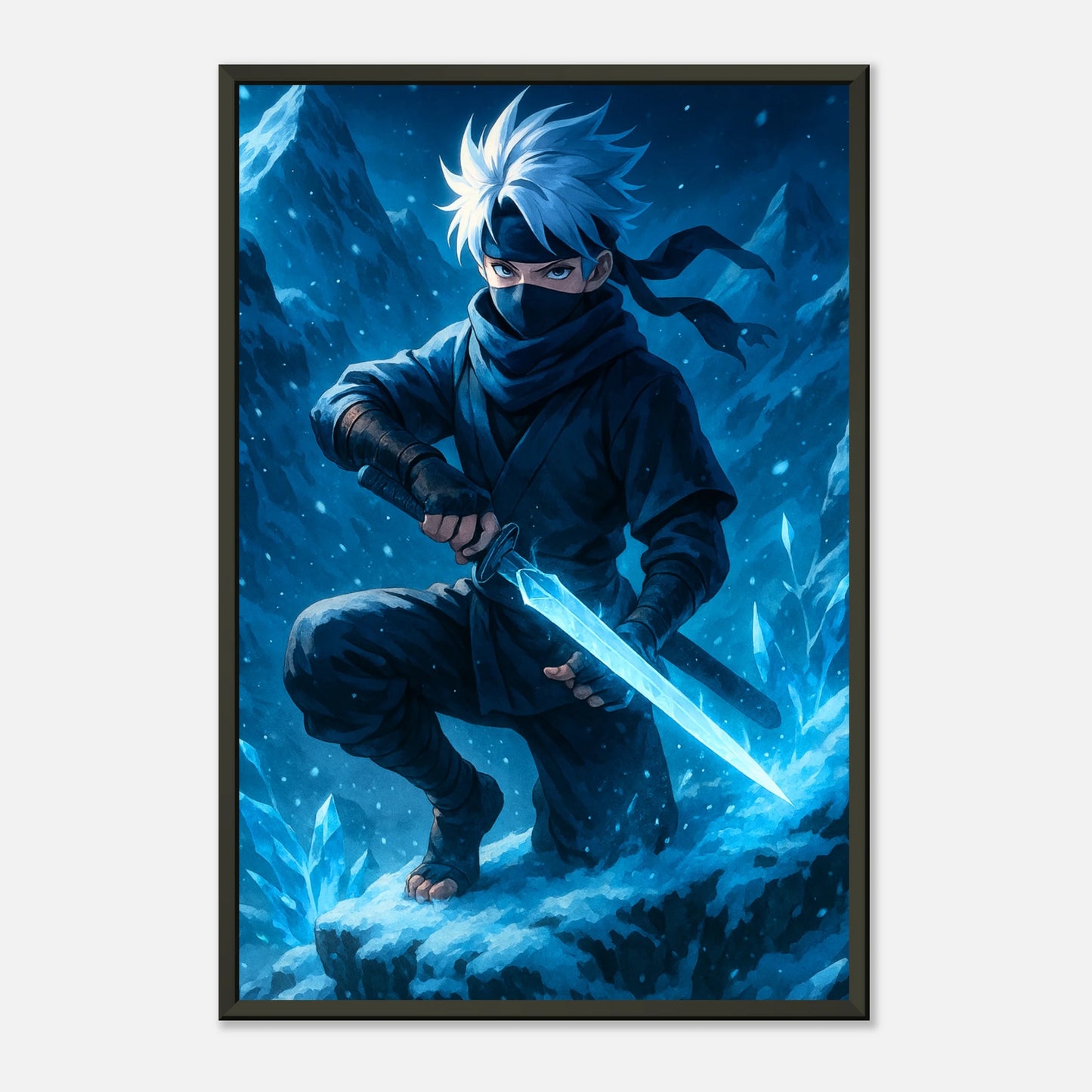 YUKITO Wandbild im eleganten schwarzen Rahmen – Ninja im Eis, Anime Kunst für Wohnzimmer oder Gaming Room.