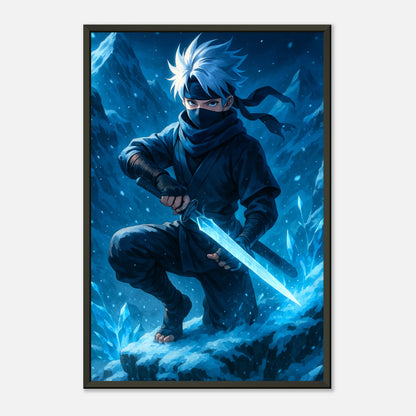 YUKITO Wandbild im eleganten schwarzen Rahmen – Ninja im Eis, Anime Kunst für Wohnzimmer oder Gaming Room.