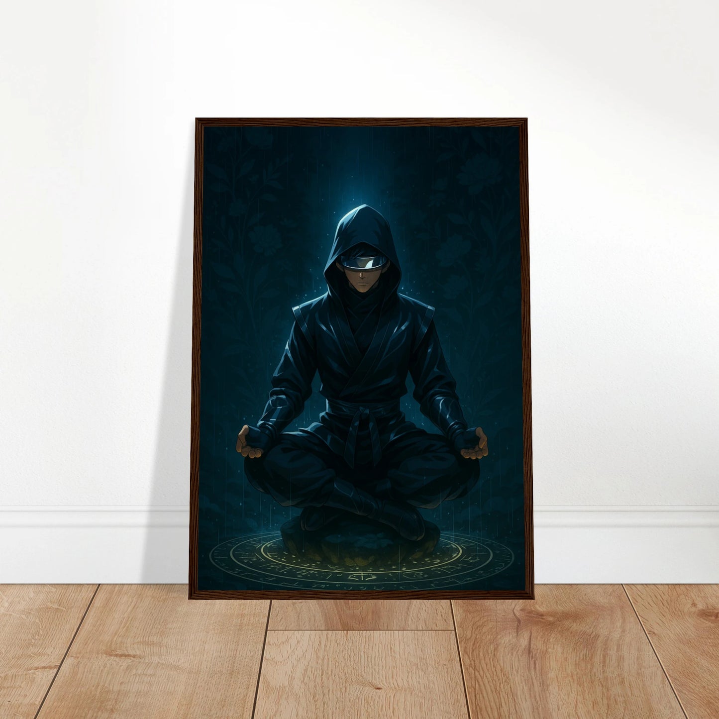 ZENRAI Poster an die Wand gelehnt – spirituelles Anime-Motiv mit Samurai in Ruhepose, ausdrucksstarke japanische Wandkunst. Defa Designs.