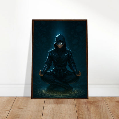 ZENRAI Poster an die Wand gelehnt – spirituelles Anime-Motiv mit Samurai in Ruhepose, ausdrucksstarke japanische Wandkunst. Defa Designs.