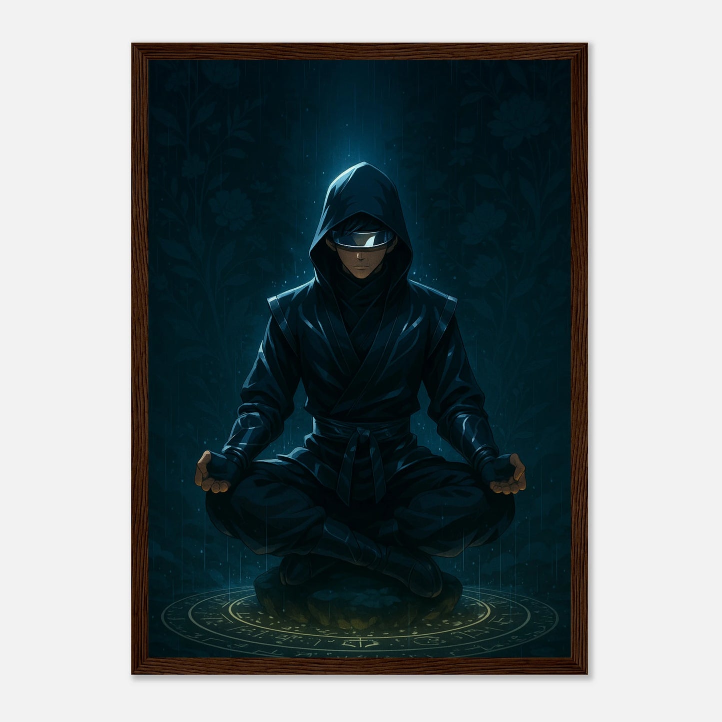 ZENRAI Poster im dunkelbraunen Rahmen – ruhiger Krieger in Meditation, leuchtende Aura in Blau, inspirierende Anime-Kunst. Hochwertiger Kunstdruck von Defa Designs.