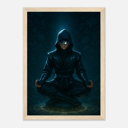 ZENRAI Poster im hellbraunen Holzrahmen – meditierender Samurai mit blauer Energie, ruhige japanische Anime-Kunst für Stärke und Fokus. Premium-Druck von Defa Designs.