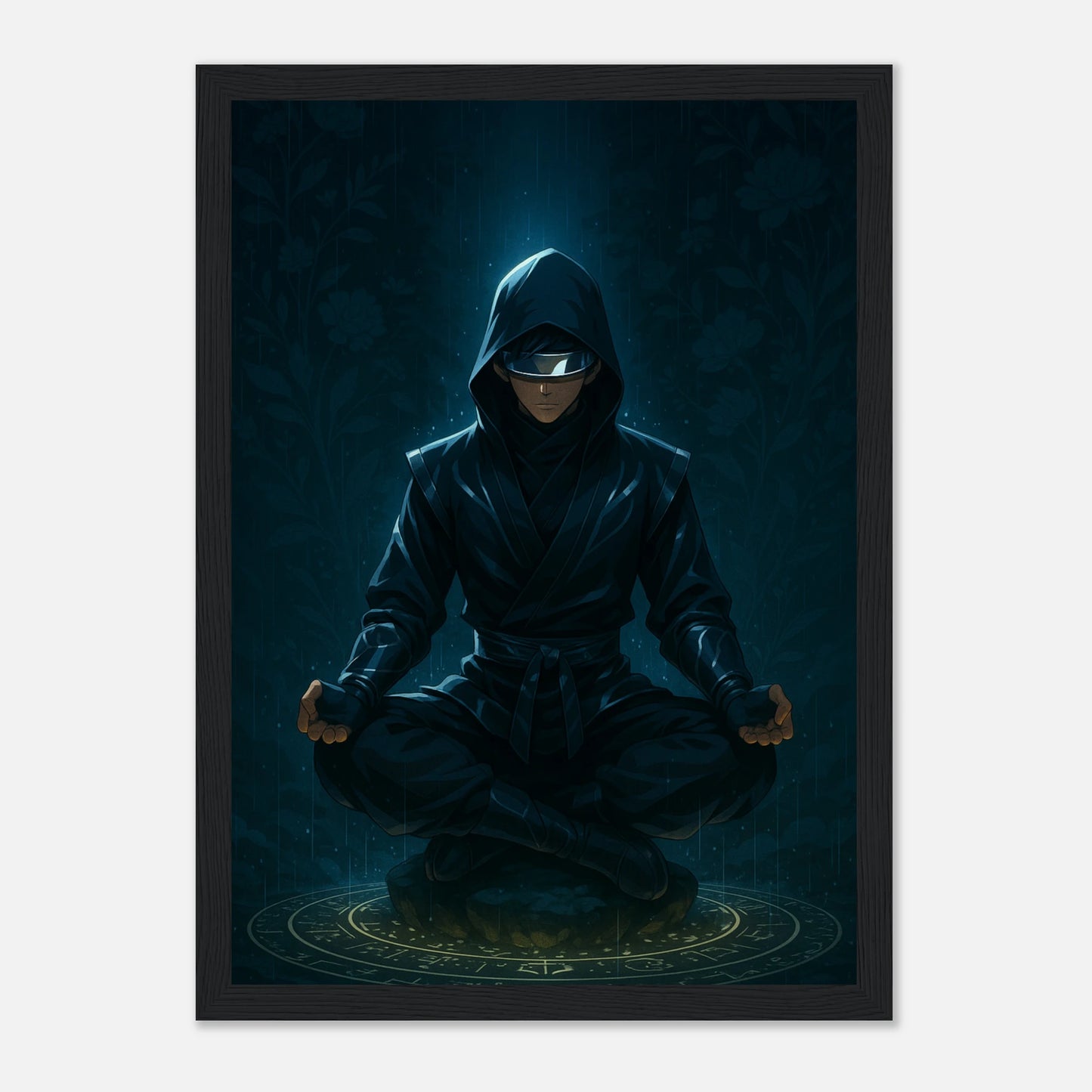 ZENRAI Poster im schwarzen Rahmen – stilvoller Samurai in tiefer Meditation, blaue Energie und mystische Atmosphäre. Defa Designs Premium Anime Art.