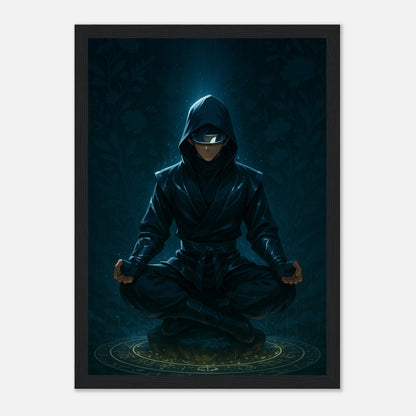 ZENRAI Poster im schwarzen Rahmen – stilvoller Samurai in tiefer Meditation, blaue Energie und mystische Atmosphäre. Defa Designs Premium Anime Art.