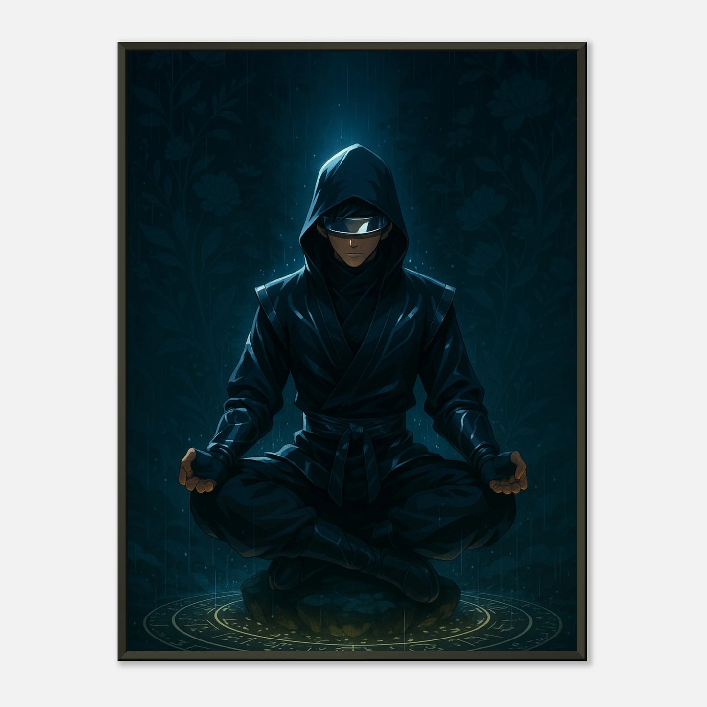 Zenrai Code of Stillness Poster im schwarzen Metallrahmen – futurischer Cyber Samurai als Wandbild – Defa Designs