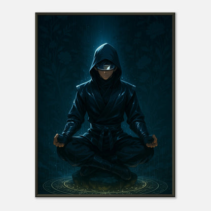 Zenrai Code of Stillness Poster im schwarzen Metallrahmen – futurischer Cyber Samurai als Wandbild – Defa Designs