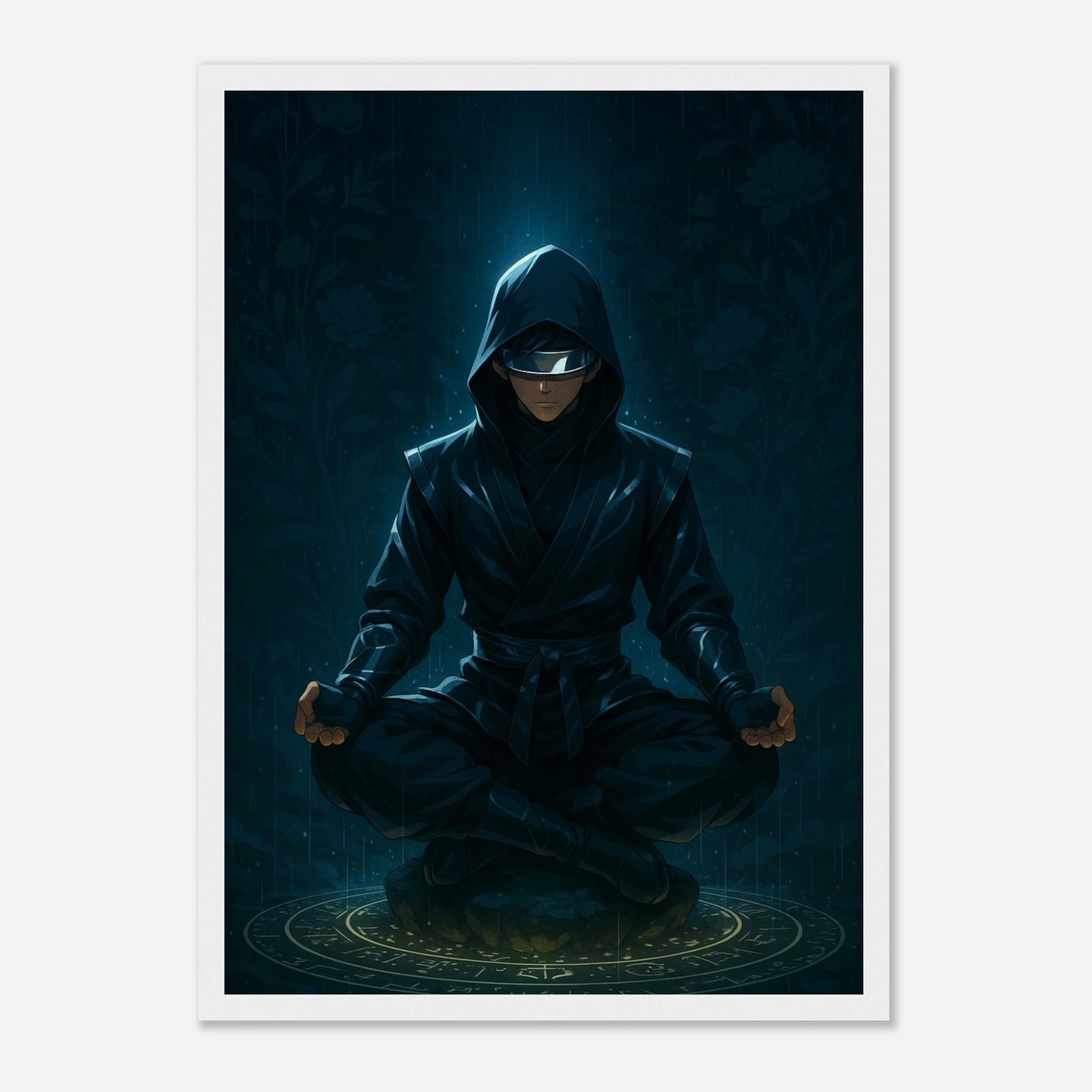 ZENRAI Poster im weißen Rahmen – Anime-Kunstwerk mit meditierendem Samurai, Symbol für Balance und Ruhe, modernes Design von Defa Designs.