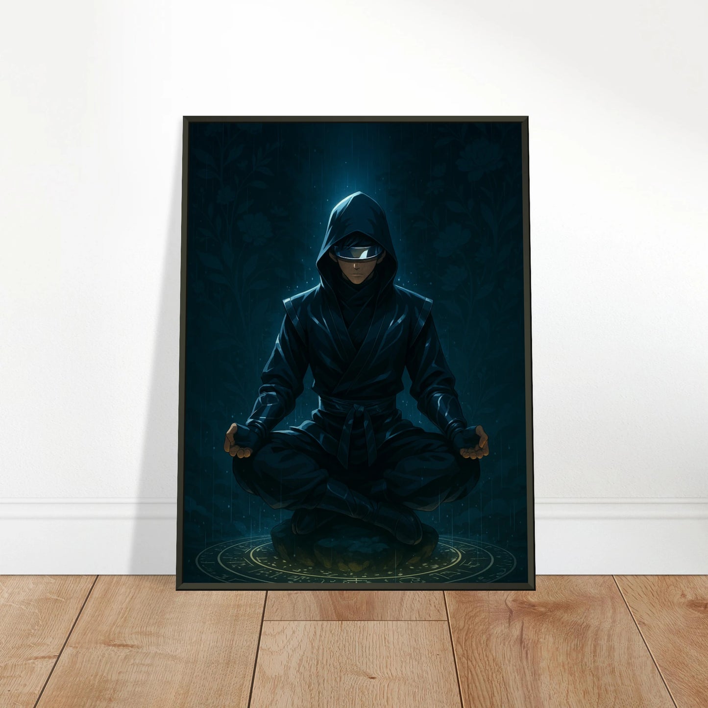 Zenrai Poster im schwarzen Metallrahmen an die Wand gelehnt – moderner Cyber Samurai Kunstdruck für Zuhause