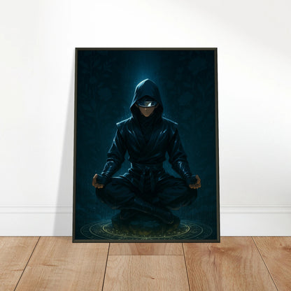 Zenrai Poster im schwarzen Metallrahmen an die Wand gelehnt – moderner Cyber Samurai Kunstdruck für Zuhause